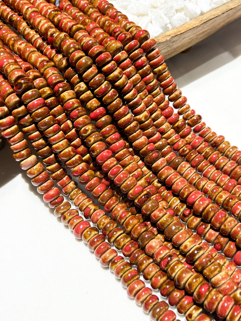 7x13mm Ceramic Rondelle Beads | Larg Hole | Brown and Red Rondelle Beads | DIY Jewelry Designs | Approximately 61 beads per strand
