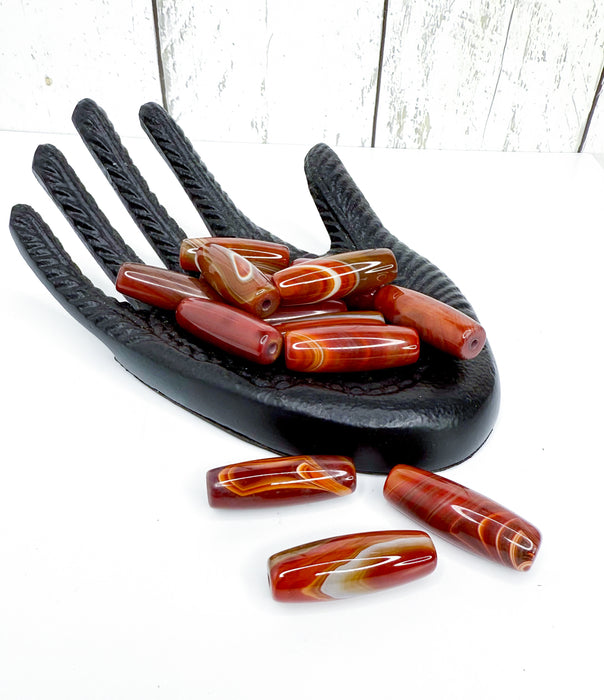 40mm Red Brown Banded Agate Barrel Beads – Polished Gemstone Focal Beads