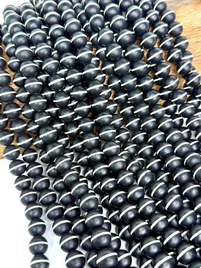 12mm Smooth Tibetan Agate Gemstone Beads | White Line Tibetan Agate | Black & White | DIY Gemstone Jewelry | 15” Strand