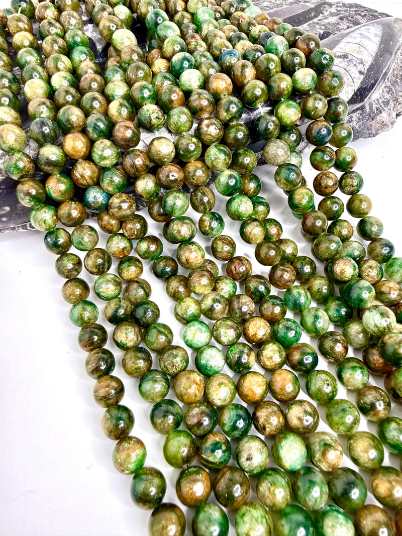 10mm Smooth Green Calcite Round Beads – Natural Olive Moss Swirl Gemstone – Full Strand