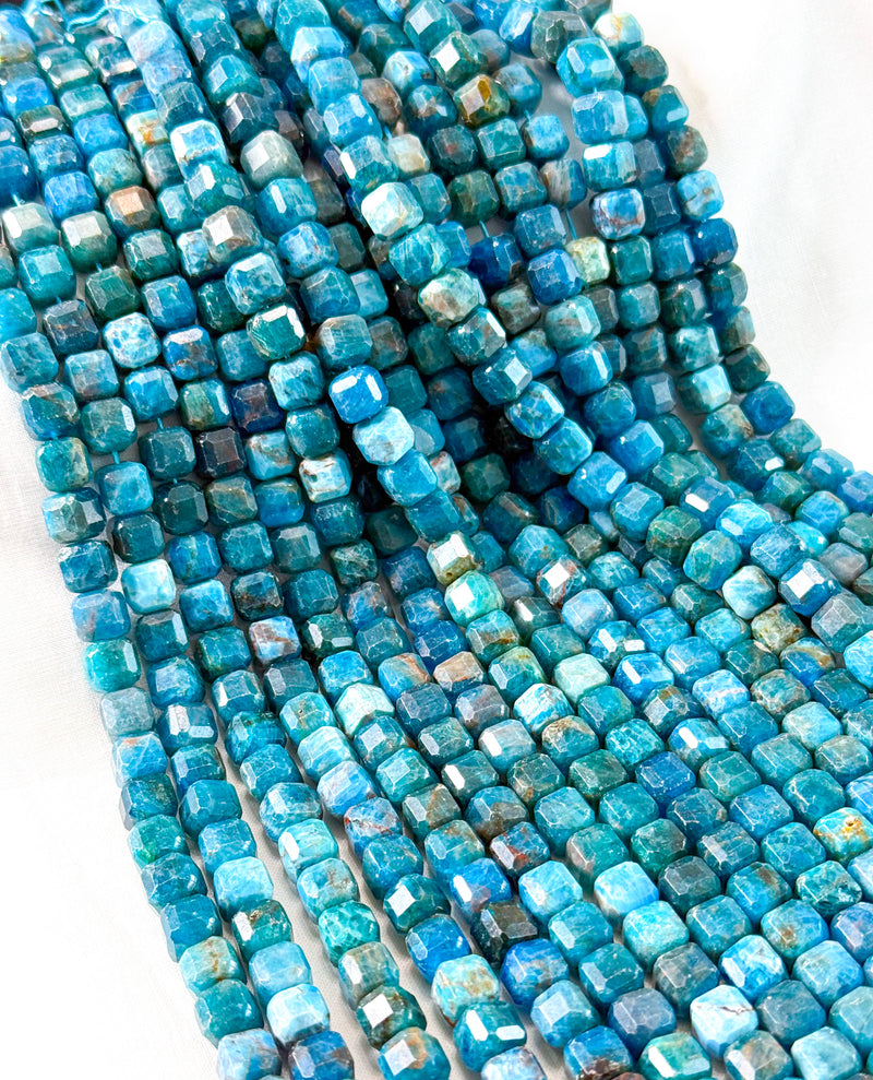 8x8mm AAA Faceted Natural Apatite Cube Gemstone Beads | Deep Blue Cube Gemstone Beads | Cube | DIY Jewelry Designs | 15.5" Strand