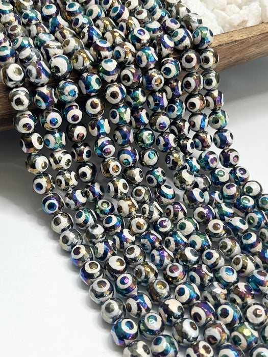 12mm Faceted Electroplated Tibetan Agate Gemstone Beads | Plated Agate | Black & Cream | Evil Eye | DIY Gemstone Jewelry | 15” Strand 36 Beads per strand