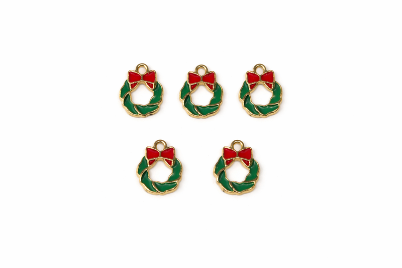 Christmas Enamel Charms – Trees, Wreaths & Gift Boxes | Holiday Jewelry Charms, 5pc Pack