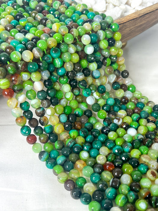 8mm Faceted Fire Agate Gemstone Beads | Green Banded Agate | Mala | DIY Jewelry Designs