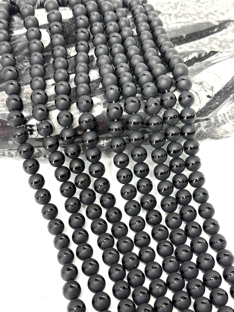 10mm Matte Striped Onyx Gemstone Beads – Natural Black Onyx Round Beads – 15” Strand