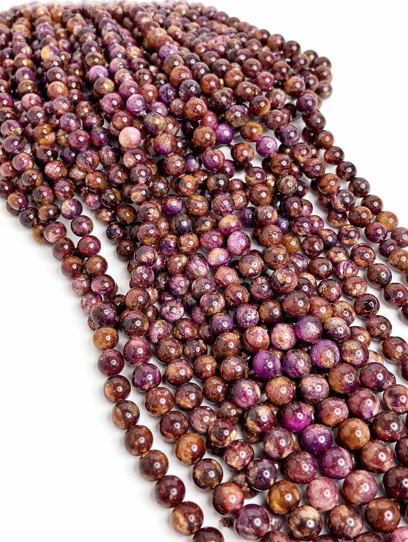10mm Smooth Purple Calcite Round Beads – Berry Plum & Bronzy Natural Gemstone – Full Strand