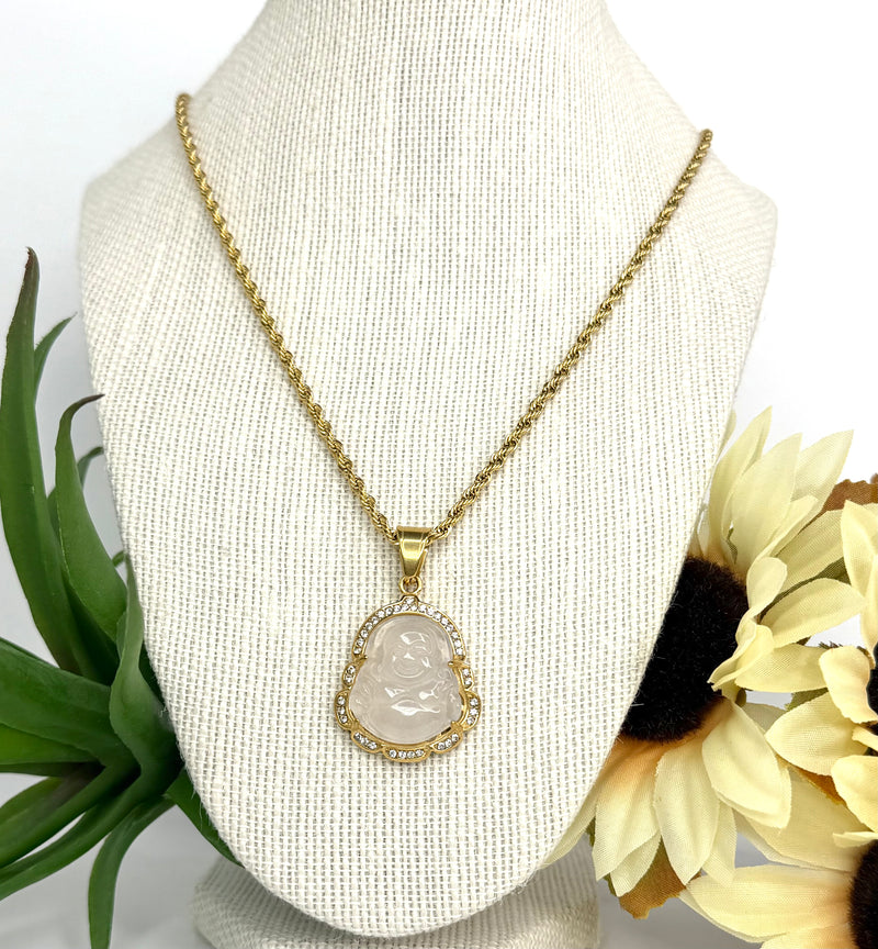 18K Stainless Steel Jade Buddha Necklace | Micro Pave' Buddha Pendant with Rope Chain | Three Color Choices |   1 Set