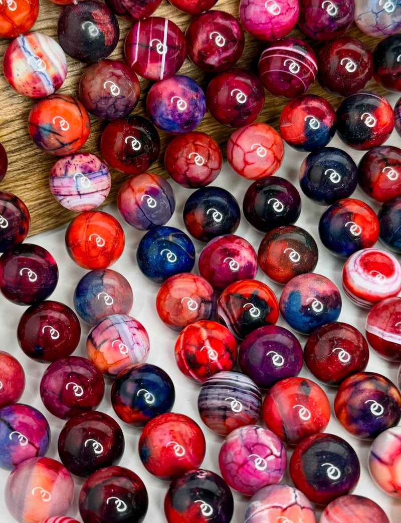 14mm Smooth Fire Agate Gemstone Beads – Multicolor Purple, Berry &amp; Blue – Natural Round Beads for Jewelry Making – 15" Strand (Approx. 28 Beads)