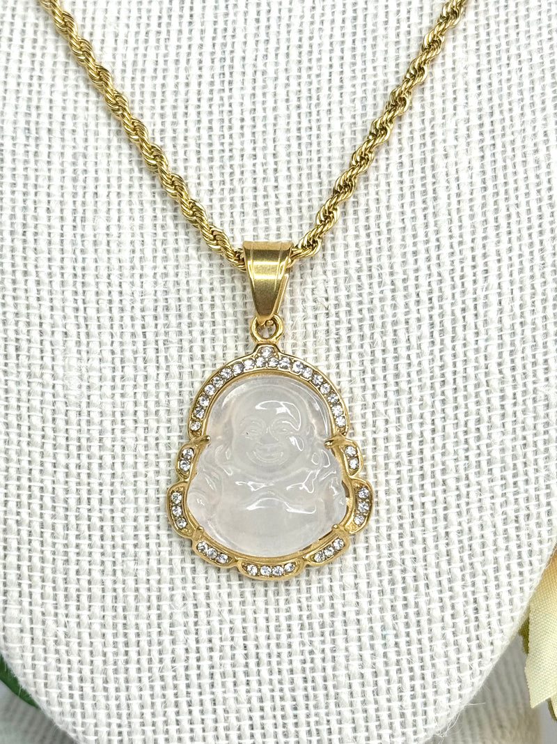 18K Stainless Steel Jade Buddha Necklace | Micro Pave' Buddha Pendant with Rope Chain | Three Color Choices |   1 Set