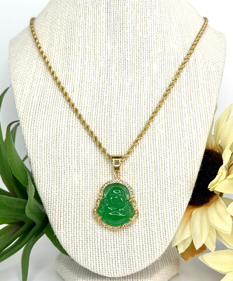 18K Stainless Steel Jade Buddha Necklace | Micro Pave' Buddha Pendant with Rope Chain | Three Color Choices |   1 Set