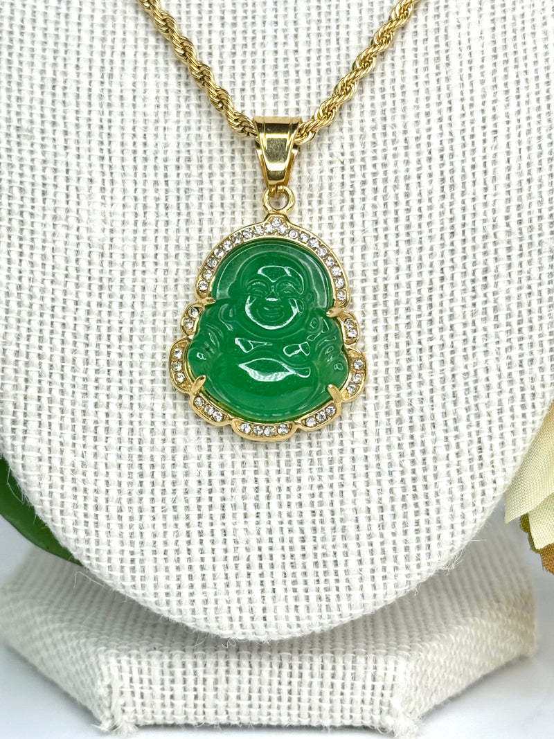 18K Stainless Steel Jade Buddha Necklace | Micro Pave' Buddha Pendant with Rope Chain | Three Color Choices |   1 Set