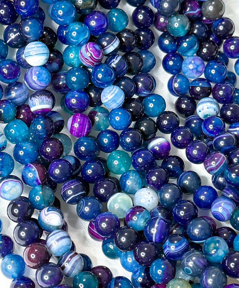 8mm Smooth Banded Agate Gemstone Beads | Blue and Purple Banded Agate | Mala | DIY Jewelry Designs | One Strand