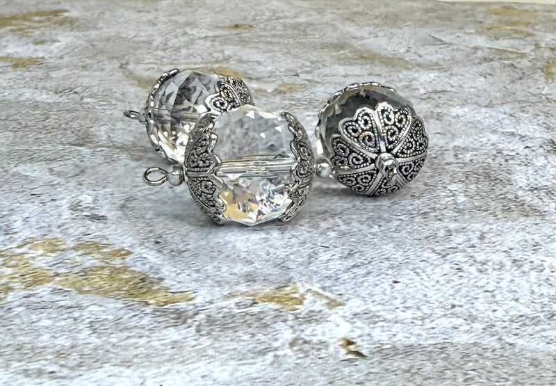 (1) 18mm Faceted Glass Cap Bead Connector | Antique Silver Cap Glass Bead | Faceted Clear Glass Bead | 1 Pcs