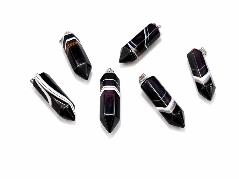 Thick Black Banded Agate Bullet Pendant – Faceted 14x50mm Agate Crystal Pendant with Silver Bail | Natural Agate Jewelry Pendant