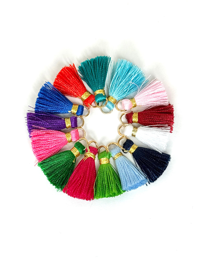 (14) 25mm Mini Silky Floss Tassel with Gold Jump Ring | Tiny Tassel Charms | DIY Jewelry Designs |14 Pcs Included
