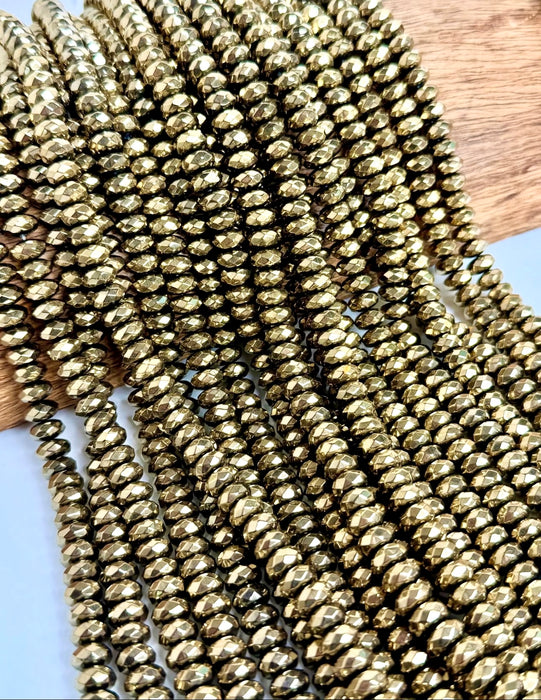 5x8mm Faceted Gold Hematite Rondelle Beads | Faceted Natural Gemstone Beads | Hematite Beads for Jewelry Making 15.5" 1 Strand | DIY Jewelry Making
