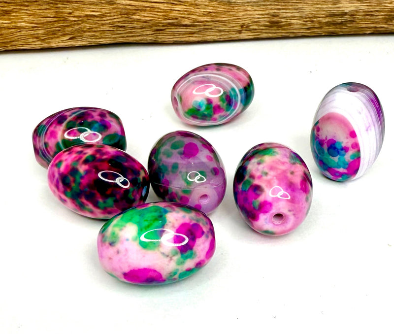 20x30mm Oval Agate Beads – Green Yellow & Pink Multicolor, Polished Gemstone Statement Beads (Sold by the Piece)