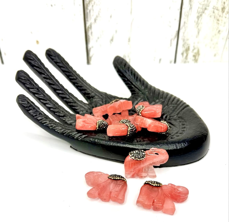 36mm Carved Gemstone Elephant Centerpiece Beads – Center-Drilled Pave Encrusted – Strawberry Quartz, Blue Spotted Jasper & Rutilated Quartz
