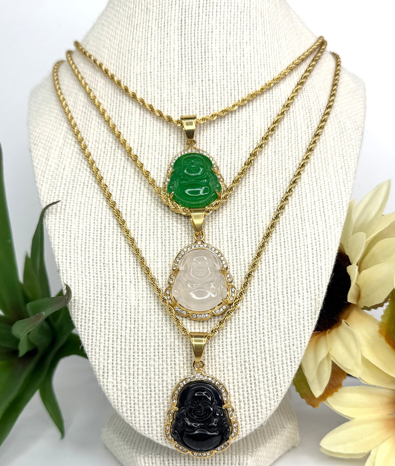 18K Stainless Steel Jade Buddha Necklace | Micro Pave' Buddha Pendant with Rope Chain | Three Color Choices |   1 Set