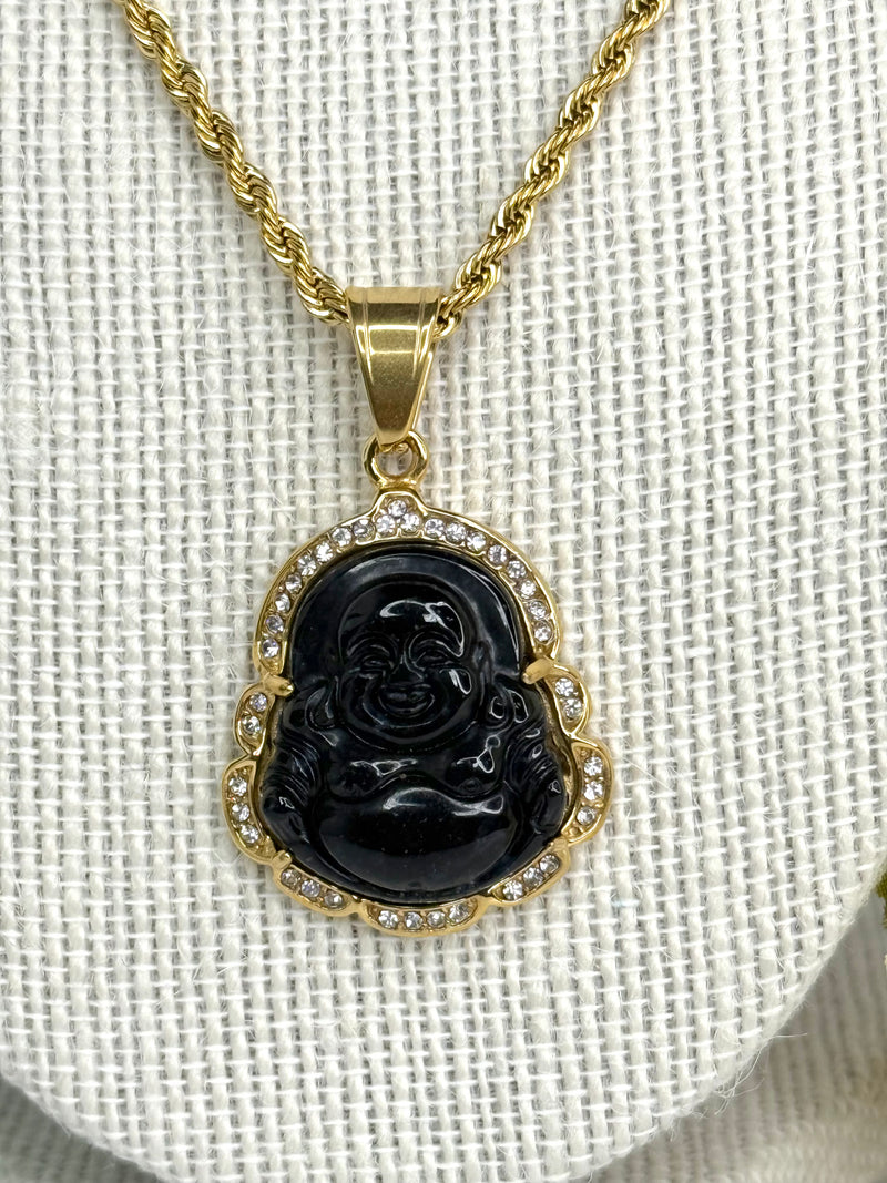 18K Stainless Steel Jade Buddha Necklace | Micro Pave' Buddha Pendant with Rope Chain | Three Color Choices |   1 Set