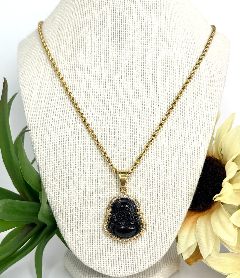 18K Stainless Steel Jade Buddha Necklace | Micro Pave' Buddha Pendant with Rope Chain | Three Color Choices |   1 Set