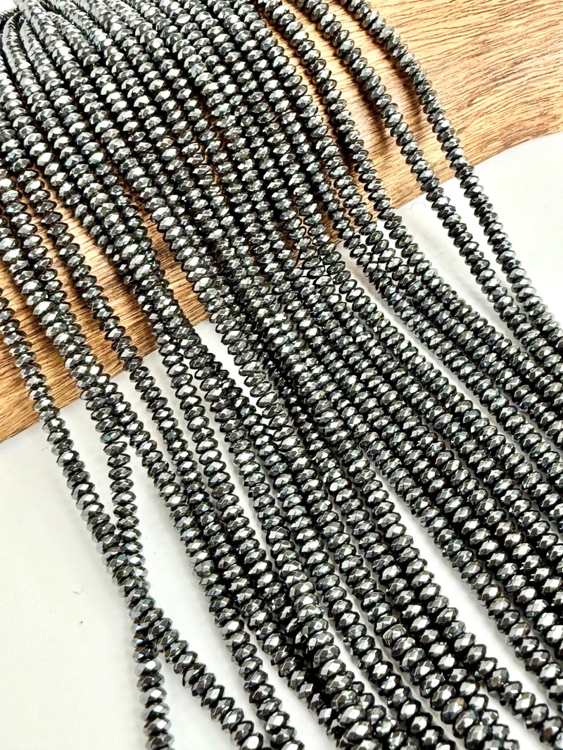 3x6mm Faceted Gunmetal Hematite Rondelle Gemstone Beads | Faceted Natural Gemstone Beads | Hematite Beads for Jewelry Making 15.5" 1 Strand | DIY Jewelry Making