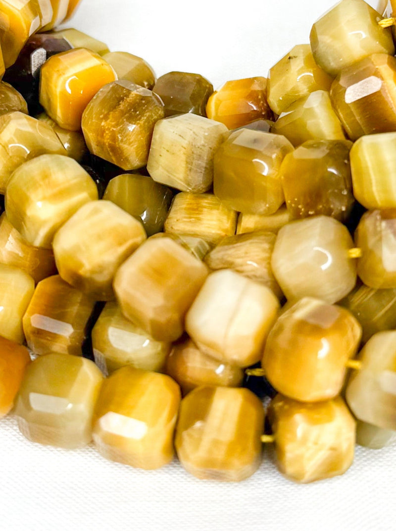9x9mm Natural Golden Tiger Eye Gemstone Beads | Faceted 9mm Cube Beads | DIY Jewelry Designs | 15" Strand