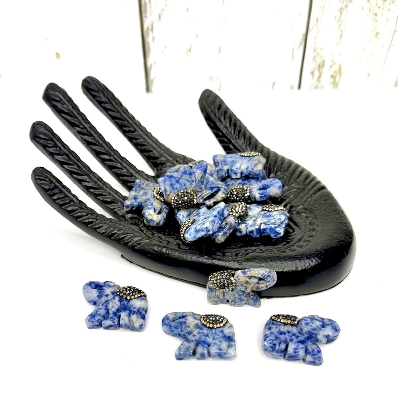 36mm Carved Gemstone Elephant Centerpiece Beads – Center-Drilled Pave Encrusted – Strawberry Quartz, Blue Spotted Jasper & Rutilated Quartz