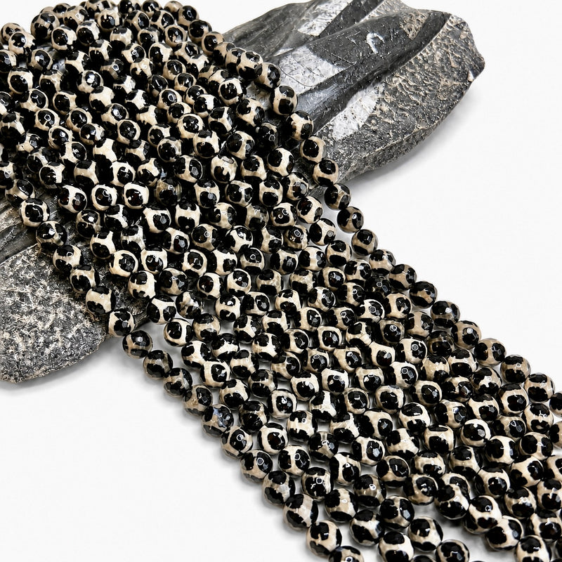 12mm Faceted Tibetan Agate Gemstone Beads – Black & Ivory | 15-Inch Strand| One Strand