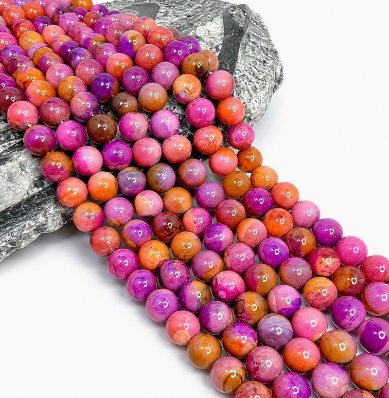 14mm Smooth Agate Gemstone Beads – Purple & Golden Yellow Mix, 15” Strand - One Strand