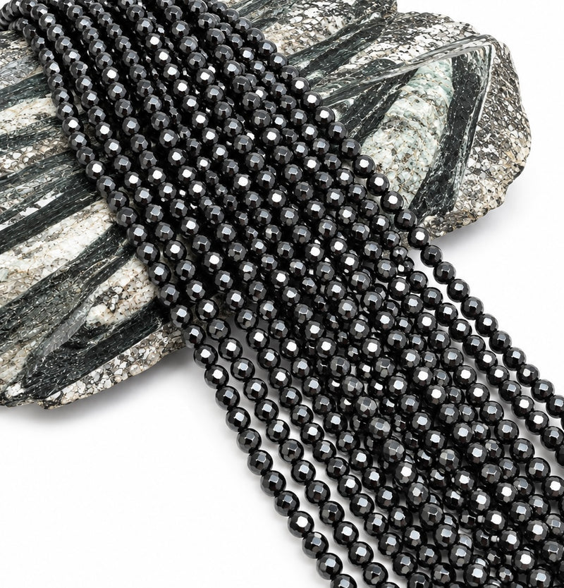 4mm Triple-Faceted Black Agate Gemstone Beads – 15 Inch Strand