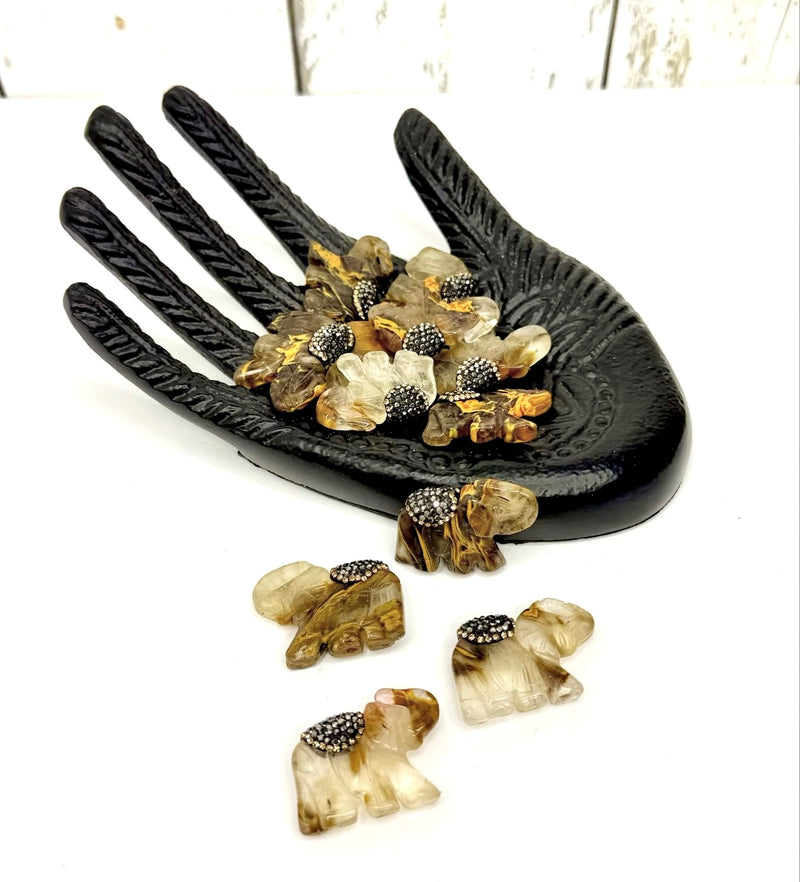 36mm Carved Gemstone Elephant Centerpiece Beads – Center-Drilled Pave Encrusted – Strawberry Quartz, Blue Spotted Jasper & Rutilated Quartz