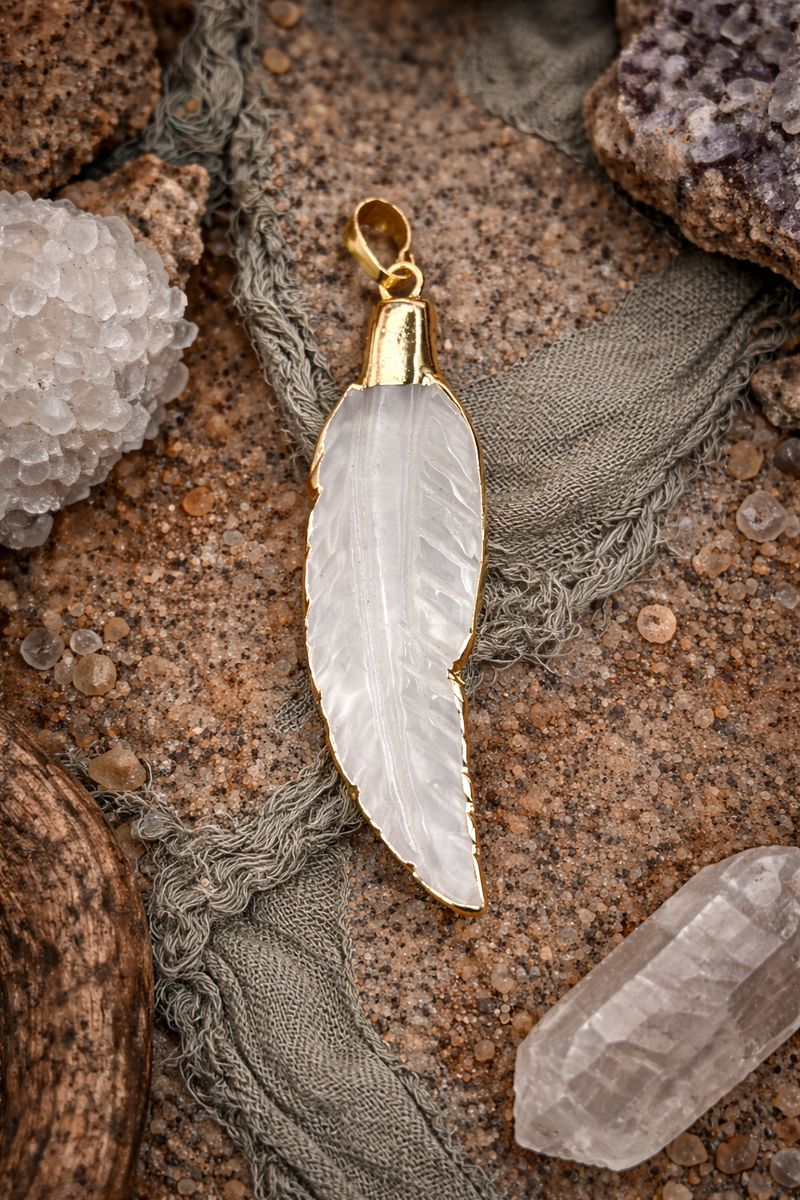Feather-Shaped Jasper & Agate Pendants with Gold Trim | 2.6” Blue Jasper & 2.3” Clear Agate Focal Charms