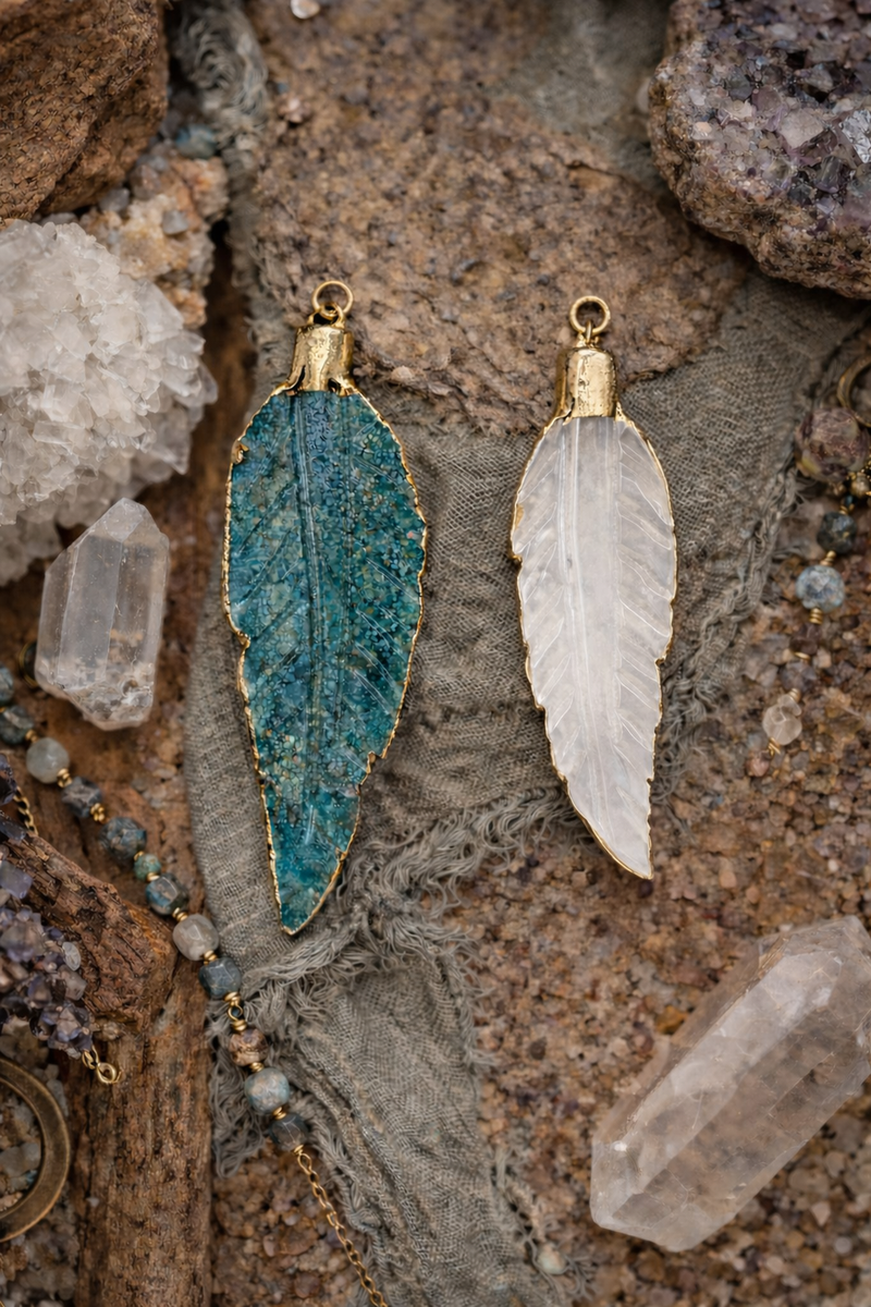 Feather-Shaped Jasper & Agate Pendants with Gold Trim | 2.6” Blue Jasper & 2.3” Clear Agate Focal Charms