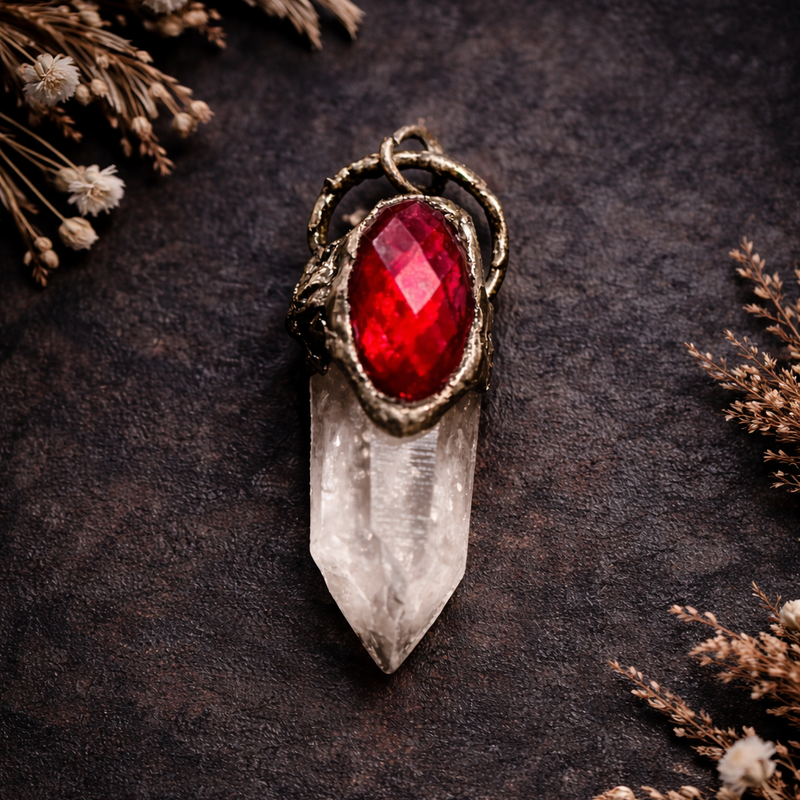 Approx. 2” Clear Quartz Point Pendant with Red Faceted Crystal – Soldered Statement Pendant with Bail