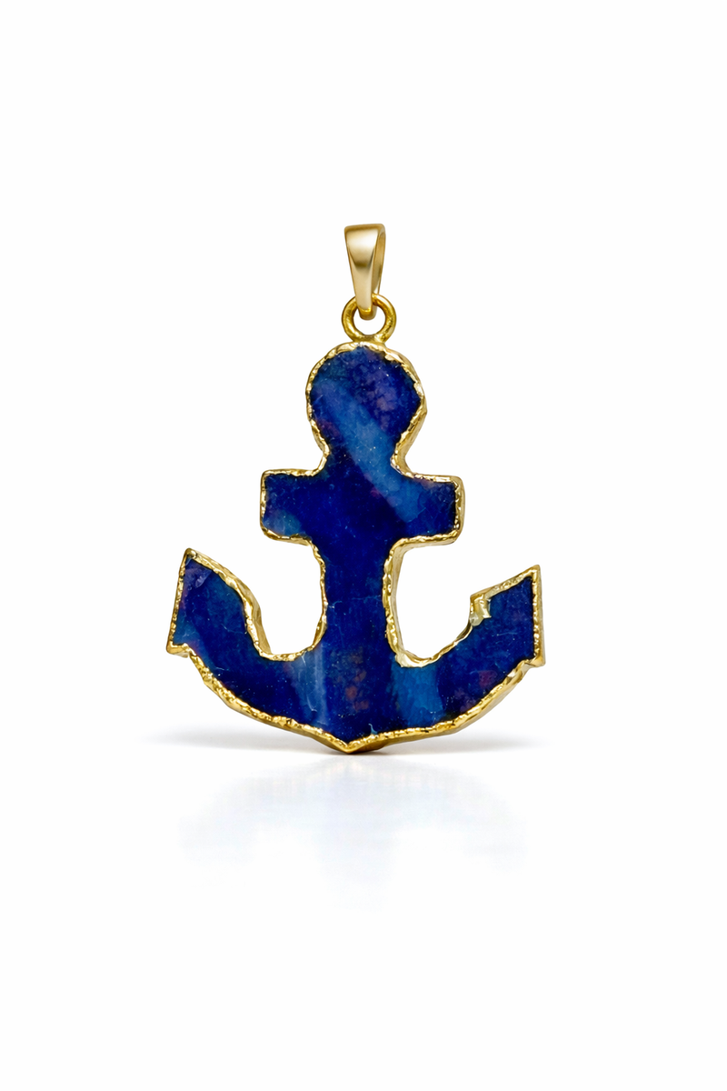 57mm Gold Trim Agate Anchor Pendant – Natural Stone Nautical Charm – Blue, Pink & Black Variants