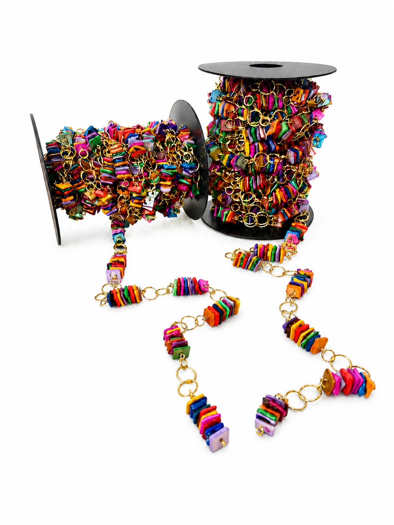 9mm Multicolor Shell Pearl Chip Chain by the Foot | Gold Linked Beading Chain | Alter Ego Beading Supplies