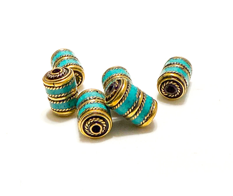 13x20mm Nepali Brass Bead | Turquoise Inlay Drum Bead | Nepal Bead | DIY Jewelry Design | 1 Piece