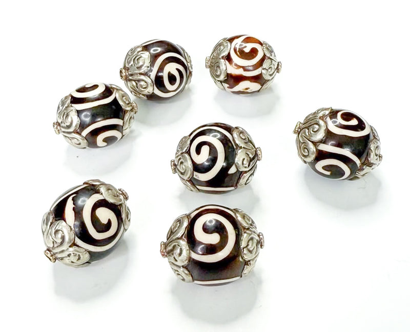 20x26mm Tibetan Silver Capped Bone Bead | 26mm Brown & Cream Capped Bone Bead | Big Bead | DIY Jewelry Designs | One Piece