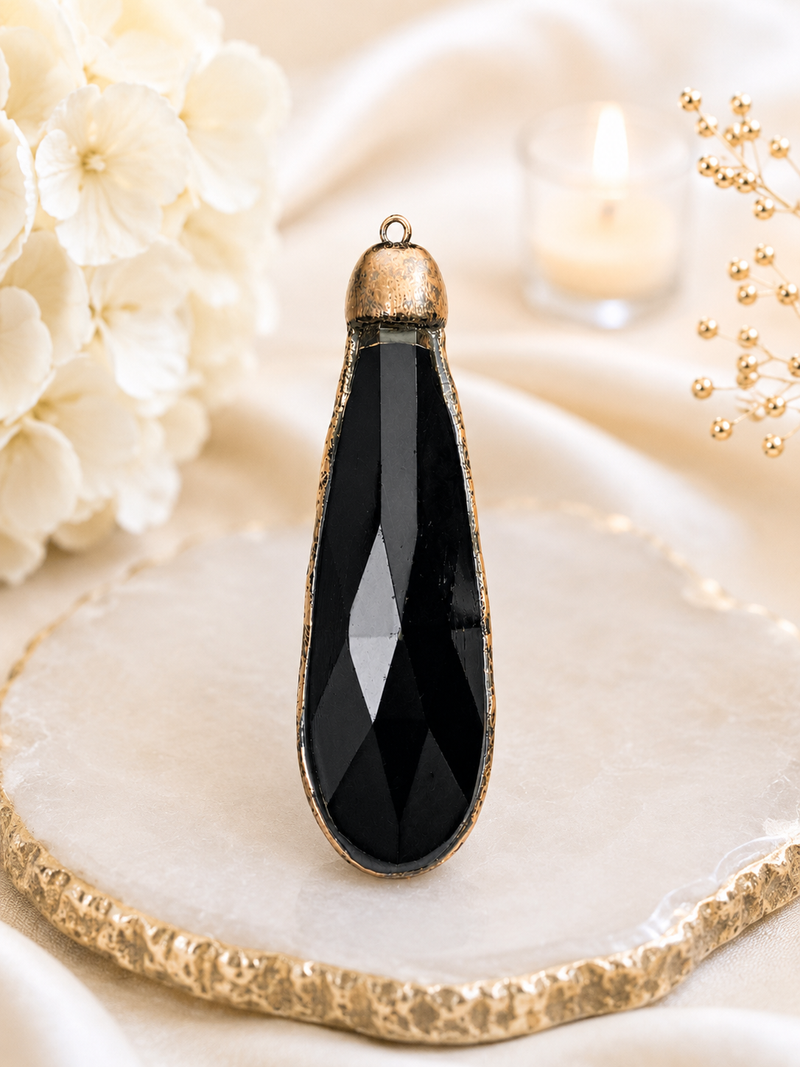 Handmade Copper Soldered Black Glass Pendant | Faceted Teardrop Focal Pendant | Approx. 89mm/3.5in