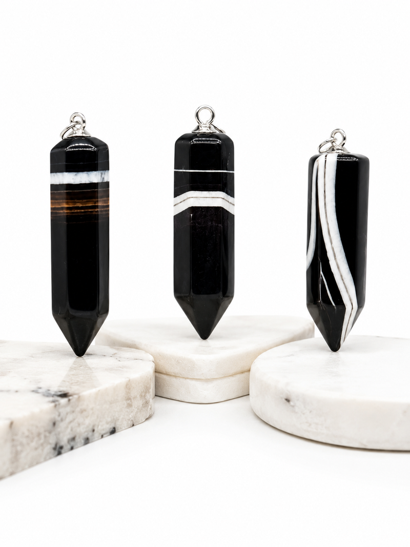 Thick Black Banded Agate Bullet Pendant – Faceted 14x50mm Agate Crystal Pendant with Silver Bail | Natural Agate Jewelry Pendant