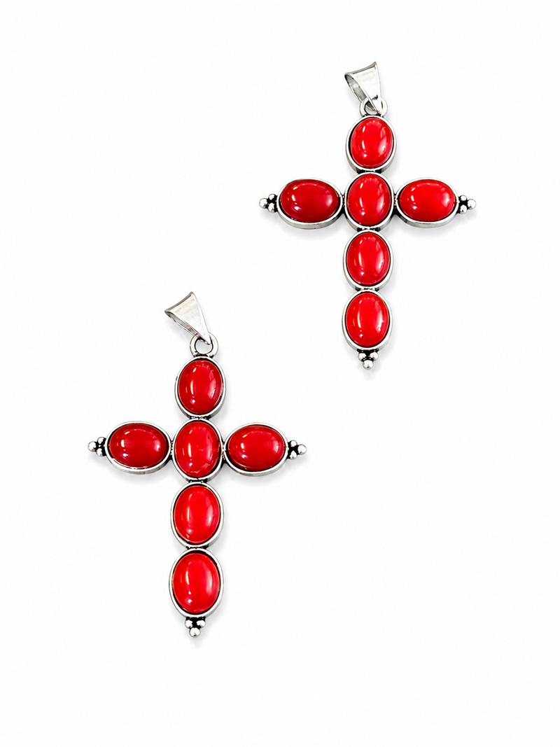 60mm Stainless Steel Red Coral Cross Pendant | Natural Coral Cabochon Focal Pendant