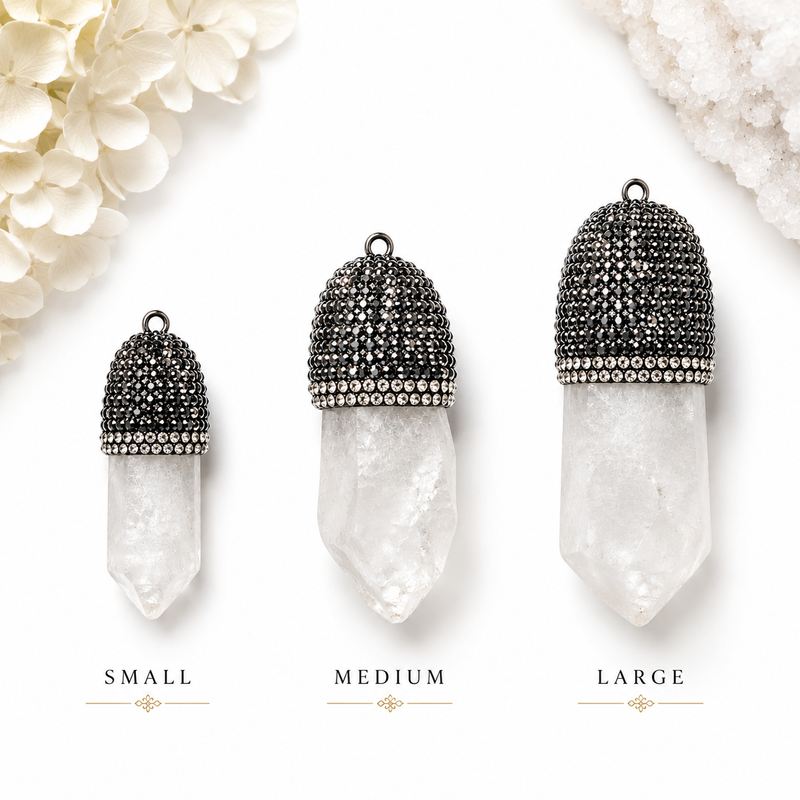Clear Quartz Crystal Point Pendant with Black Rhinestone Cap | 44–55mm Natural Quartz Pendant
