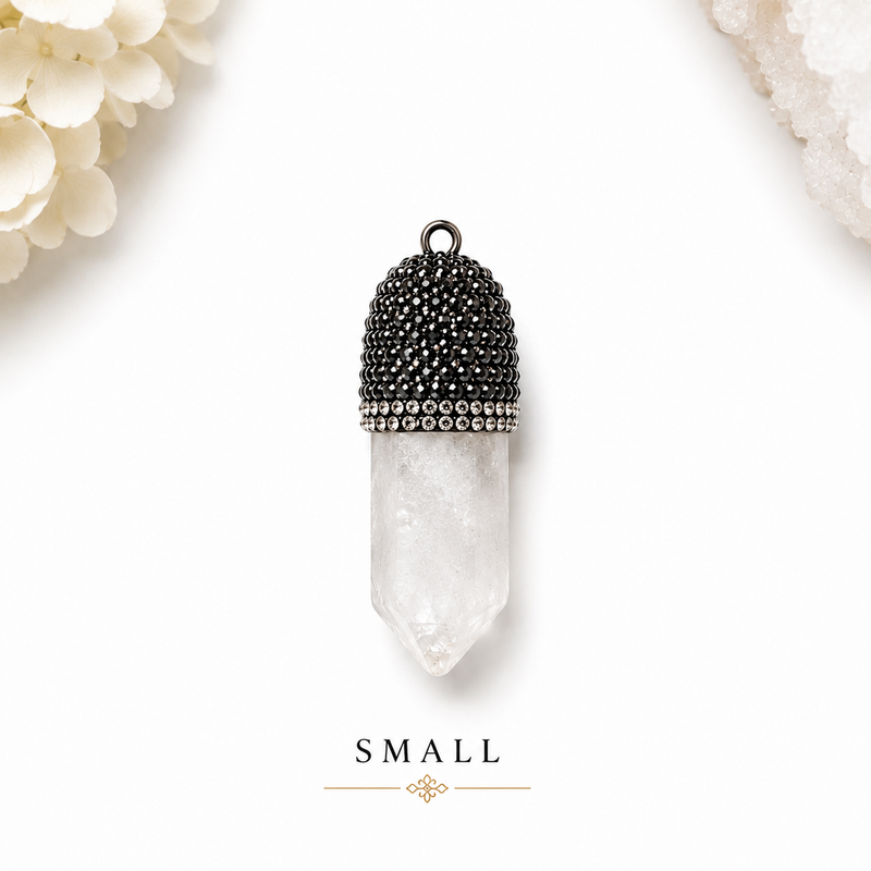 Clear Quartz Crystal Point Pendant with Black Rhinestone Cap | 44–55mm Natural Quartz Pendant