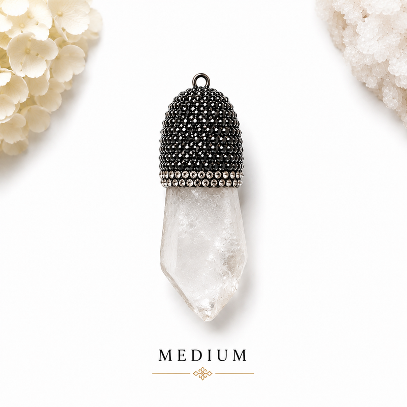 Clear Quartz Crystal Point Pendant with Black Rhinestone Cap | 44–55mm Natural Quartz Pendant