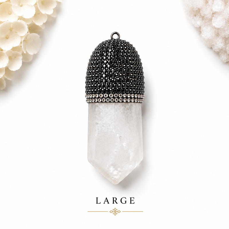 Clear Quartz Crystal Point Pendant with Black Rhinestone Cap | 44–55mm Natural Quartz Pendant