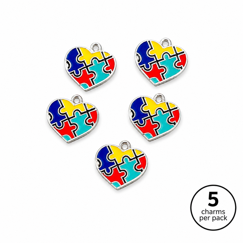 Autism Awareness Charms | Heart & Puzzle Enamel Charms | 5 Pieces Per Pack