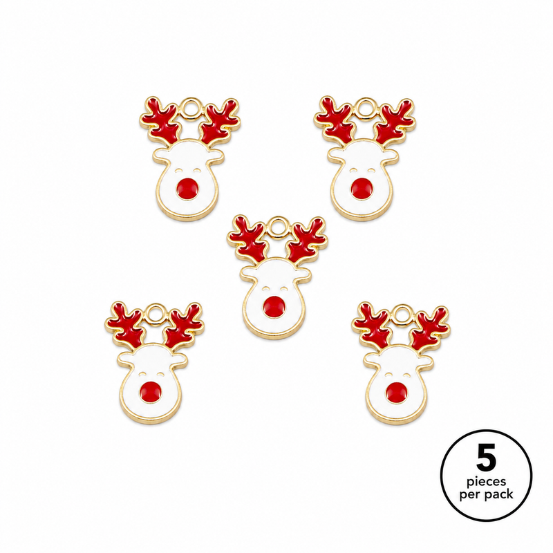 Christmas Enamel Reindeer Charms | 18mm Gold Tone Christmas Charms | 5-Pack | 2- Color Options
