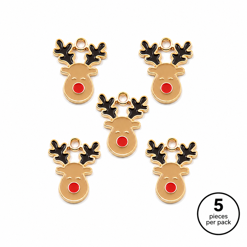 Christmas Enamel Reindeer Charms | 18mm Gold Tone Christmas Charms | 5-Pack | 2- Color Options