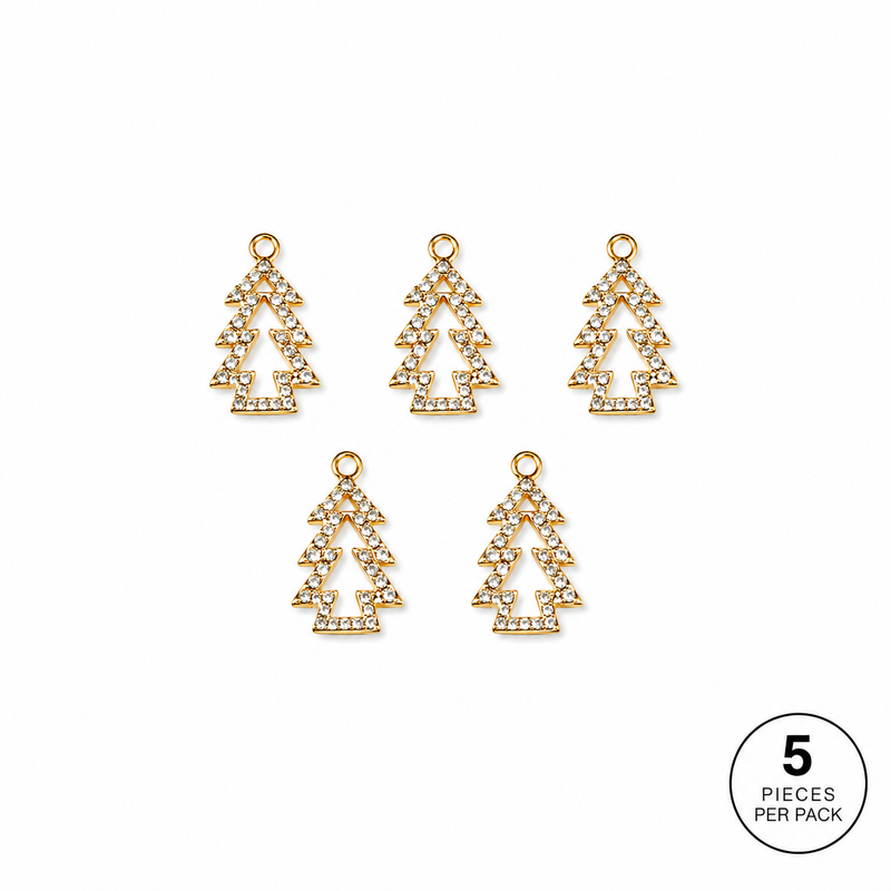 Christmas Cubic Zirconia Tree Charms – Gold Holiday Jewelry Charms, 21x14mm, 5pc Pack